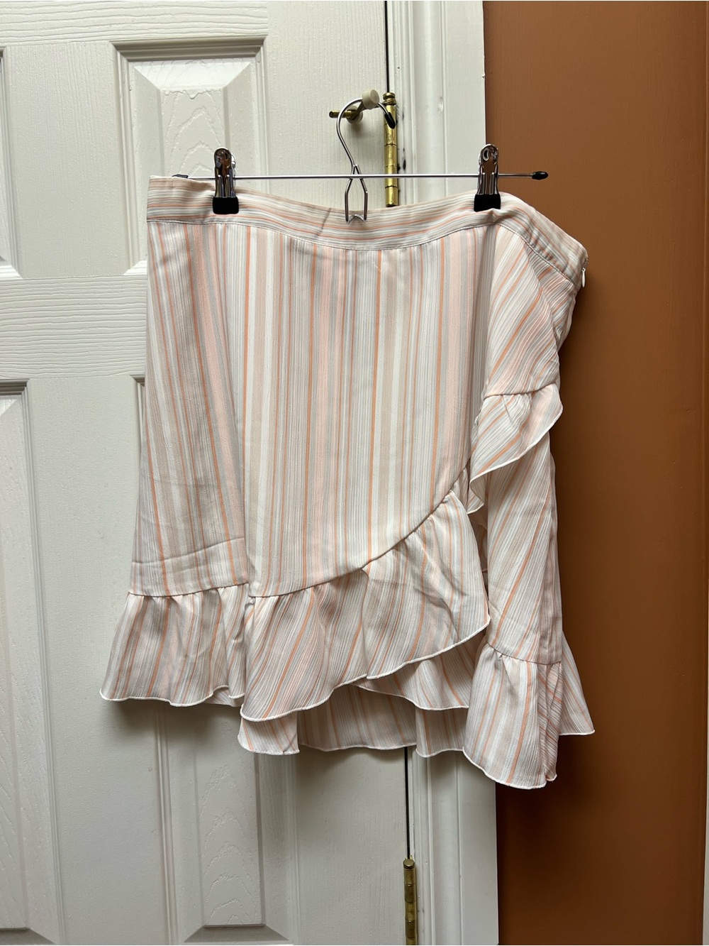 LC Lauren Conrad Peach & White Striped Asymmetrical Ruffle Wrap Skirt